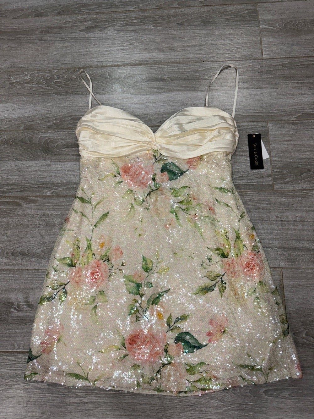 Seni and Cade Ivory Sequin Floral Spaghetti Strap Mini Dress XXL